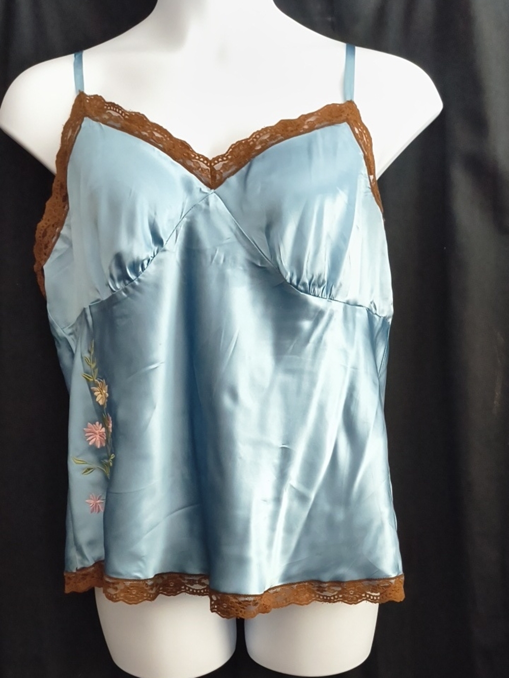 Daisy Fuentes Blue and Brown Satin Camisole with Embroidered Flowers Lace  #0075